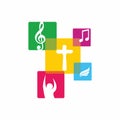 Worship logo. Cristian symbols. Worship logo. Cristian symbols. The cross of Jesus and musical notes