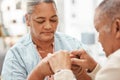 Worship, praying or old couple love holding hands together in a Christian home in retirement with hope, belief or faith Royalty Free Stock Photo