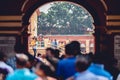 Worshipers at the Hindu Dakshineswar Kali Temple on a sunny day in Kolkata, India