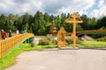 Worshiping cross and icon of Seraphim of Sarov at the source Royalty Free Stock Photo