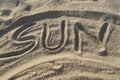 Wort sun in Sand geschrieben Royalty Free Stock Photo