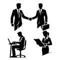 Wotking people. Black vector icons silhouettes set of professionals at work. An individual in a business suit giving a handshake,