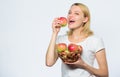 Would you like some. vitamin diet and food shooping. farming concept. healthy teeth. Happy woman eating apple. autumn Royalty Free Stock Photo