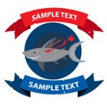 Wounded shark with ribbon banner. Clipart on the marine theme. Animal protection