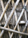 Woven bamboo grid over weathered straw thatch abstract vertical background texture Royalty Free Stock Photo