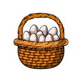 Woven basket with Easter eggs, decoration element, cartoon vector illustration.