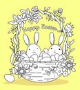 Woven basket with eggs and bunnies, coloring page