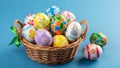 Woven Basket Filled with Colorful Hand-Painted Easter Eggs on a Bright Blue Background Royalty Free Stock Photo