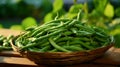 Woven basket filled with crisp, vibrant green beans