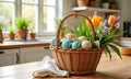 Woven basket with flowers and Easter eggs on a kitchen table. Easter themed image Royalty Free Stock Photo