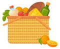 Woven basket with food. Picnic wicker cartoon icon