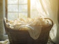 woven basket with laundry, washed beige clean clothes during daylight Royalty Free Stock Photo