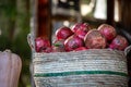 Woven Basket of Ripe Pomegranates Outdoors Royalty Free Stock Photo