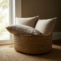 A woven basket sits on a woven carpet next to a window, filled with three soft beige Royalty Free Stock Photo