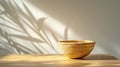 Woven Basket on Wooden Table in Sunlit Room. Generative ai Royalty Free Stock Photo