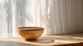 Woven Basket on Wooden Table in Sunlit Room. Generative ai Royalty Free Stock Photo