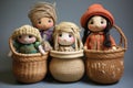 woven baskets filled with handmade dolls