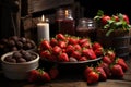 Woven baskets overflowing with milk chocolate dipped strawberries in a farmhouse setting, engagement, wedding and anniversary