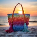 A woven beach tote bag with colorful tassel details, perfect for carrying towels and sunscreen