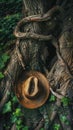 Woven hat resting on twisted tree roots surrounded by ivy Royalty Free Stock Photo