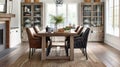 A woven jute rug anchors the space adding a touch of organic texture to the hardwood floors. The leather accent chairs Royalty Free Stock Photo