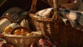 Woven plaid picnic basket filled with fresh organic fruit for summer generated by AI Royalty Free Stock Photo