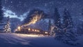 Woven from a Snowy Tale: Polar Express in the Reflection of Snowy Roof Royalty Free Stock Photo