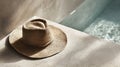 Woven straw hat beside a serene pool Royalty Free Stock Photo