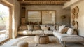 The woven textiles in shades of beige and tan are carefully dd over the wooden furniture adding a touch of softness to
