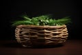 Woven vine basket with green grass and spikelets on a black background. Wicker needlework concept. Royalty Free Stock Photo