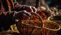 Woven wicker baskets sold by indigenous market vendor generated by AI