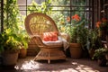 a woven wicker chair on a sunlit patio with plants around