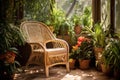 a woven wicker chair on a sunlit patio with plants around