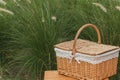 Woven wood picnic basket on small wooden table in park. Summer sunny day and picnic time concept Royalty Free Stock Photo