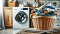 A woven wooden basket holds laundry waiting to be put in a home washing machine, AI Generate image