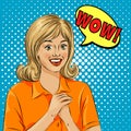 Wow bubble pop art surprised woman face. Pop Art illustration of a comic style, girl speech bubble. Royalty Free Stock Photo