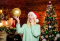 Wow. celebrate new year at home. xmas holiday gift. Holiday mood and decoration. last preparation. Christmas time Royalty Free Stock Photo