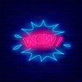 Wow comic speech bubble neon sign. Bonus and bingo concept. Pop art explosion design. Vector illustration Royalty Free Stock Photo
