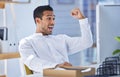 Wow, computer and businessman with winner fist in office celebration for stock market, deal or investment growth. Yes Royalty Free Stock Photo