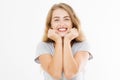 Wow effect. Surprised shocked excited caucasian woman wow face isolated on white background. Young girl in summer t shirt. Copy