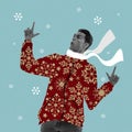 Funny sticker design. Contemporary art collage. Inspiration, idea, magazine style. Happy young man in drawn warm winter