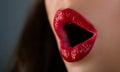 Wow expression, open mouth, oral. Art lips, awesome and surprising woman emotions, erotica. Close up sexy lip. Royalty Free Stock Photo