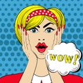 WOW face in Pop Art style, Surprised scared Woman with wow-sign