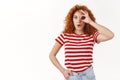 Wow fantastic prices. Good-looking fascinated impressed modern stylish curly redhead woman folding lips amused wide eyes