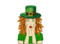 Wow. Girl in hat hat St. Patrick`s Day, very surprised.