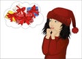 Wow. Girl in Santa Claus costume very surprised. Vector. Child