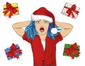 Wow. Girl in Santa Claus hat very surprised. Vector