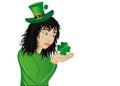 Wow! Happy girl in a hat and suit clover on St. Patrick`s Day