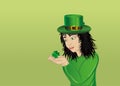 Wow! Happy girl in a hat and suit clover on St. Patrick`s Day