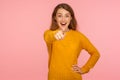 Wow, hey you! Portrait of amazed ginger girl pointing at camera and looking with astonishment, surprised face Royalty Free Stock Photo